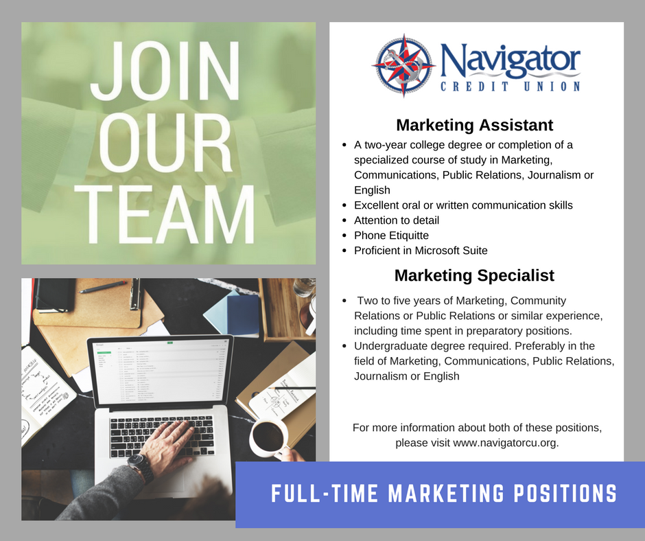 Full-time marketing positions are now available at Navigator Credit Union on the Gulf Coast. For more information about these positions, please visit navigatorcu.org #SMTTT #goMCJ #jobalert