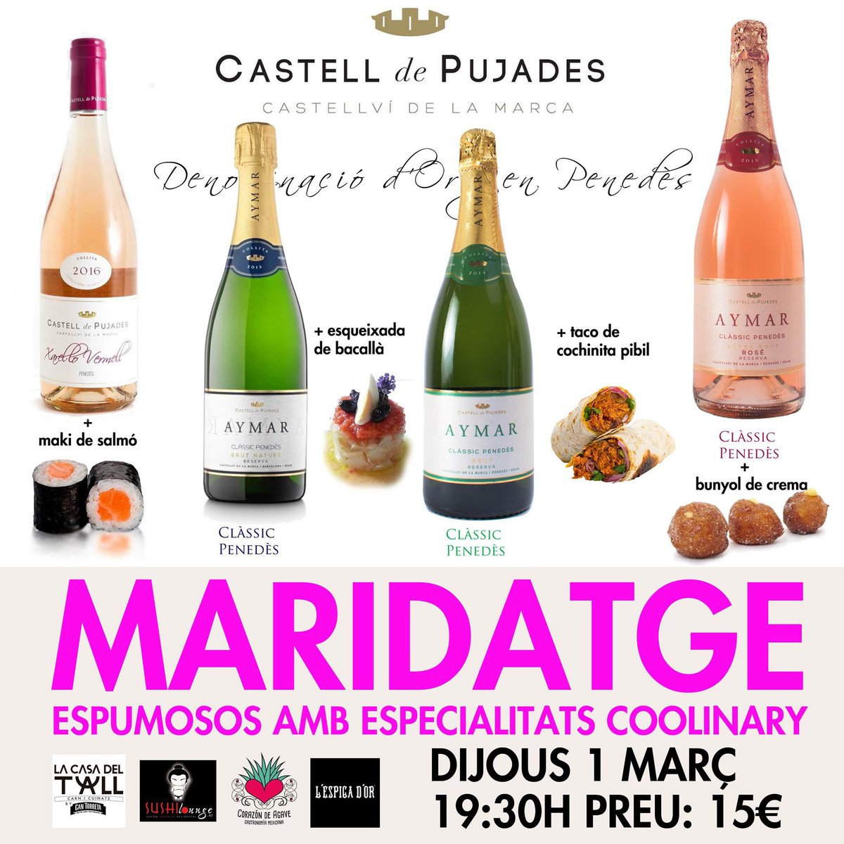 Mañana jueves #maridaje con espumosos de Castell de Pujades y especialidades coolinary <a href="/corazondeagave_/">Corazón de Agave</a> <a href="/J_Morera/">Jordi Morera Baker</a>