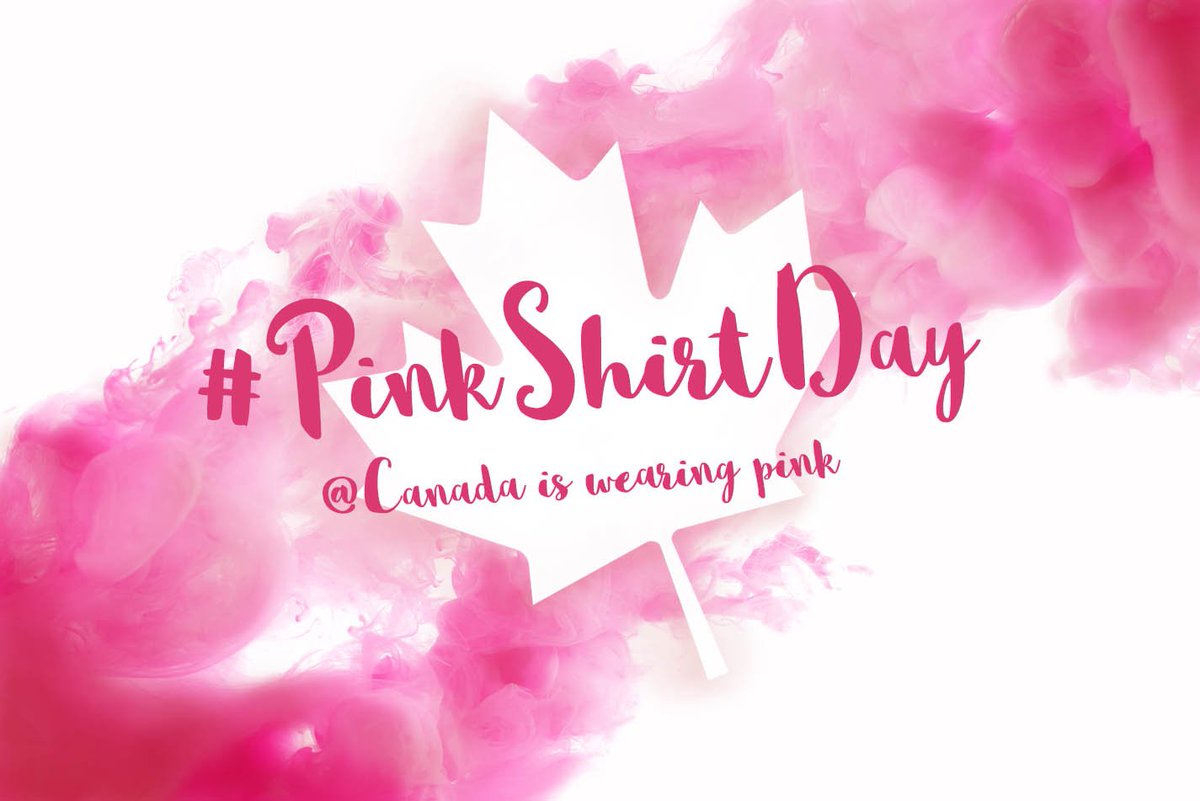 Canada's tweet image. Canadians everywhere are wearing pink to raise awareness of bullying and cyberbullying. Share your #PinkShirtDay photos with us and tell us how you are spreading kindness! #NiceNeedsNoFilter 💟🍁💟 #PinkitForward