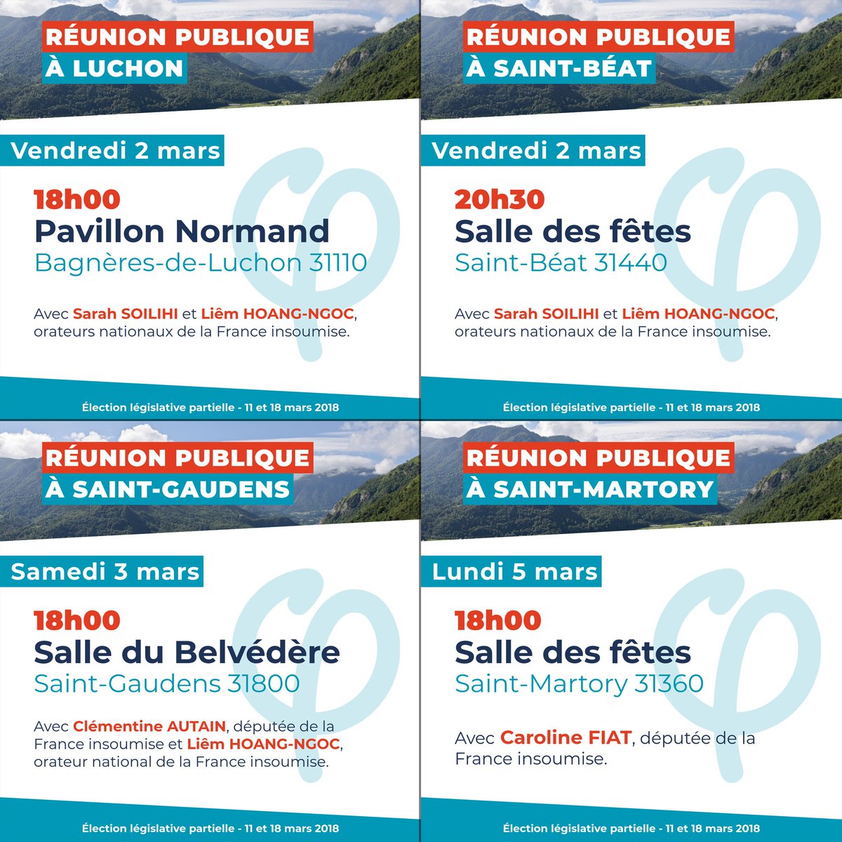 Gimenez2018's tweet photo. Les prochaines réunions publiques dans la #Circo3108 !

BAGNÉRES-DE-LUCHON le 2 mars
➡ https://t.co/aiKwTvlCRJ

SAINT-BÉAT le 2 mars
➡ https://t.co/5XMW7VpVub

SAINT-GAUDENS le 3 mars
➡ https://t.co/6a0PUPaCy1

SAINT-MARTORY le 5 mars
➡ https://t.co/xpxqOg6LGt https://t.co/ETClBdj4vt