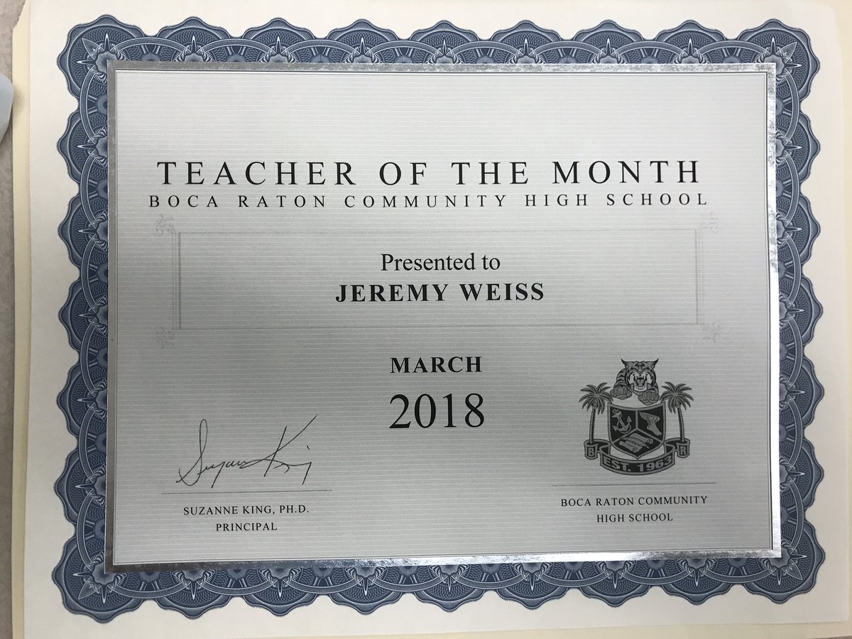 TeachJWeiss's tweet photo. Thank you for the honor bobcats!  @bocaratonhs https://t.co/CXJXjaG99e