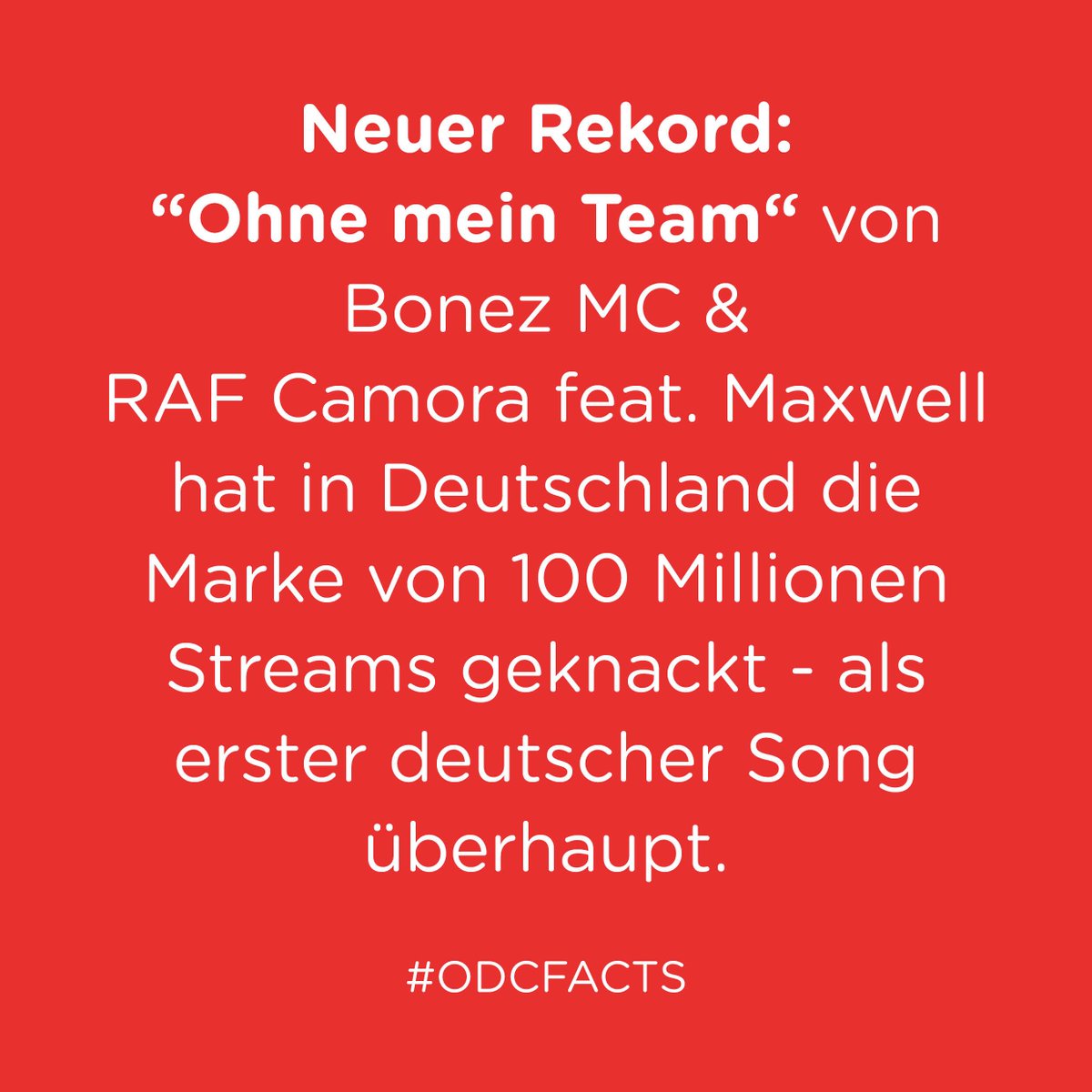 Fakt der Woche: "Ohne mein Team" von Bonez MC &amp; <a href="/RAderLehra/">RAF Camora</a> feat. Maxwell hat in Deutschland die Marke von 100 Millionen Streams geknackt - als erster deutscher Song überhaupt. Respekt! 💪💯 <a href="/ChaptA_ONE/">Chapta One</a> <a href="/AUFxKEINENxFALL/">AUF!KEINEN!FALL!</a> #chartfacts #factoftheweek