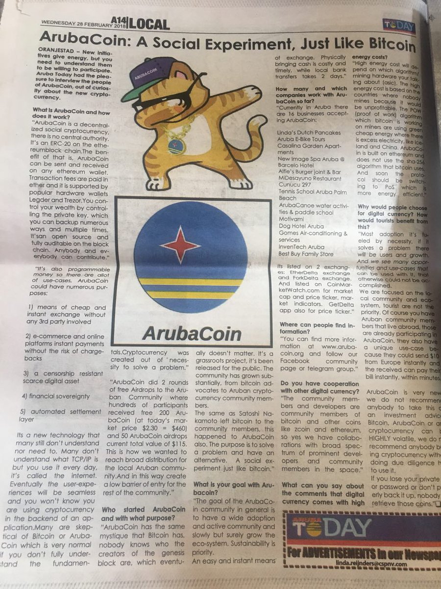 ArubaCoin's tweet photo. in the local newspaper "ArubaToday" #ArubaCoin #Aruba https://t.co/HM1qgxKYEP