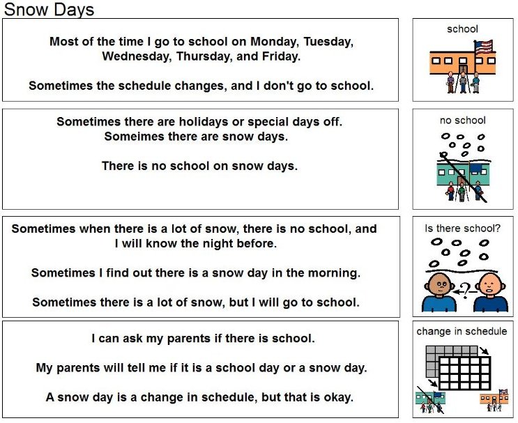 'Snow Day' social script which may be useful for parents in the UK this week, #spedchat #ukedchat #AAC #Autism