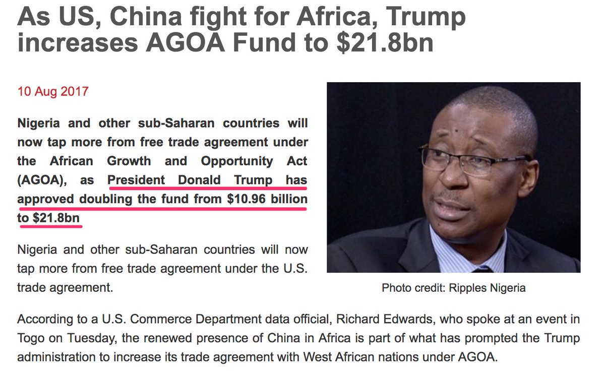 18. Please don't call Trump anti "free-trade." He just doubled the funding for "free trade" with sub-saharan Africa.Free trade is code for: leaving the American worker unemployed while forcing foreign workers to work in sweatshops https://www.tralac.org/news/article/11985-as-us-china-fight-for-africa-trump-increases-agoa-fund-to-21-8bn.html