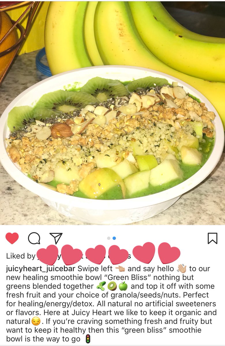 JuicyHeart1's tweet photo. 🔆🔆Good morning loves, Juicy is now serving our new healing smoothie bowl “green bliss” 🥝🥒🍏 open till 12pm will resume hours at 5:30pm till 9pm!!! See you here!! 🔆🔆 ☺️💕 #greenbliss #healing #energy #detox #allnatural #nothingbutgreens https://t.co/iUVHcWbqGO