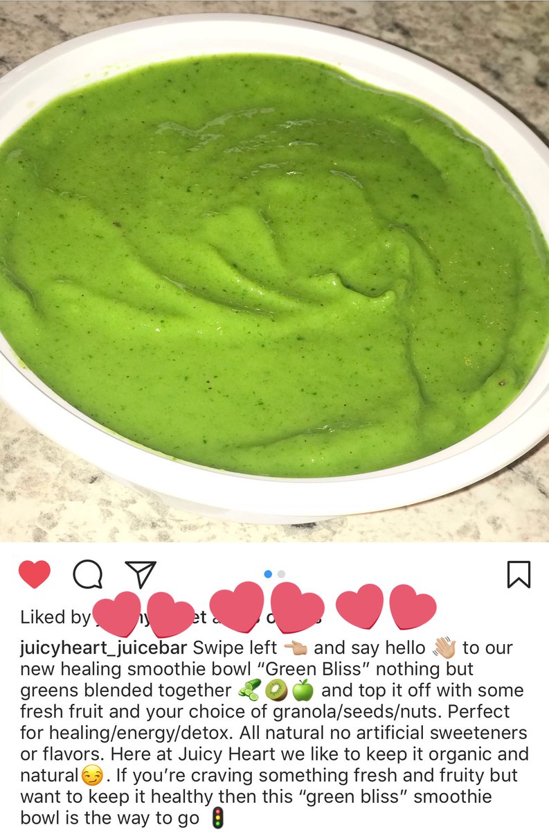 JuicyHeart1's tweet photo. 🔆🔆Good morning loves, Juicy is now serving our new healing smoothie bowl “green bliss” 🥝🥒🍏 open till 12pm will resume hours at 5:30pm till 9pm!!! See you here!! 🔆🔆 ☺️💕 #greenbliss #healing #energy #detox #allnatural #nothingbutgreens https://t.co/iUVHcWbqGO