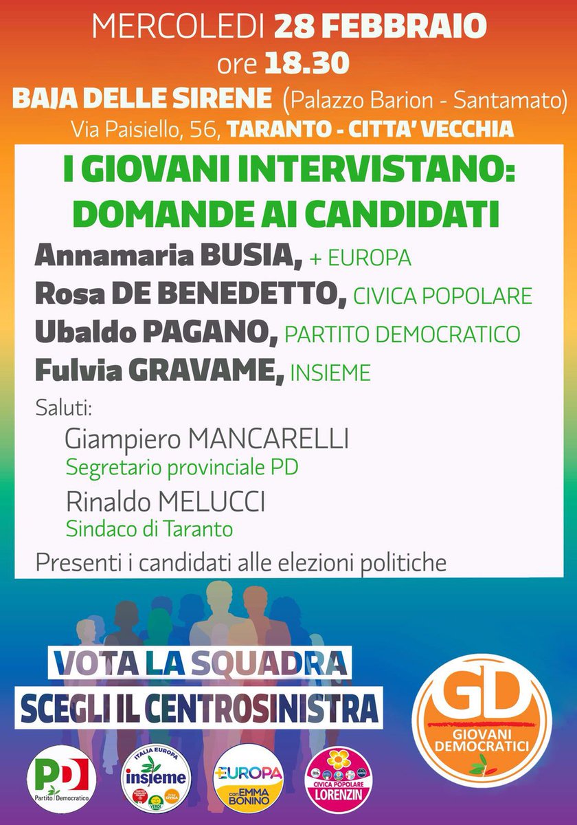 "I giovani intervistano: Domande ai candidati" è l'iniziativa dei GD di Taranto con i candidati della coalizione di centrosinistra. Oggi alle ore 18,30 presso Baia delle sirene (Palazzo Barion) Via Paisiello 56 Città vecchia Taranto. Saluti: <a href="/GMancarelli/">giampiero mancarelli</a> @RinaldoMelucci
