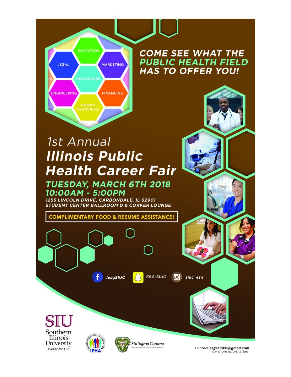 SIUC_GradSchool's tweet photo. Department of Public Health and Recreation Professions at SIU, in association with the Illinois Public Health Association hosting a 1st Annual Illinois Public Health #CareerFair on Tuesday, March 6th. Please check the flyer for more information. #GraduateSchool #SIU https://t.co/7nI0Nvnh55