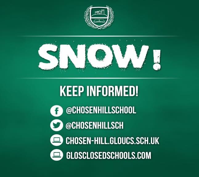 ChosenHillSch's tweet photo. ❄️ | SEVERE WEATHER WARNING: THURSDAY 1st &amp; FRIDAY 2nd MARCH 2018

📝 | Please click the link to read the statement: https://t.co/PscAFVLGwa… https://t.co/p5VBrqLFzj