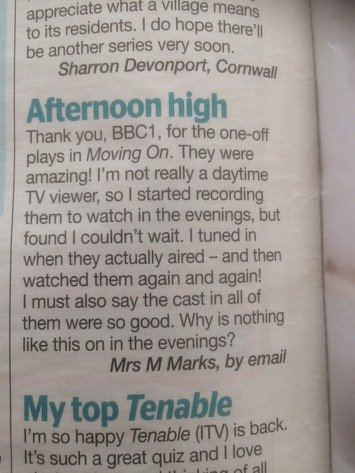 LAProductionsUK's tweet photo. Great feedback for #MovingOn9 in this week's @TVChoice! https://t.co/6Ki6cki4O5