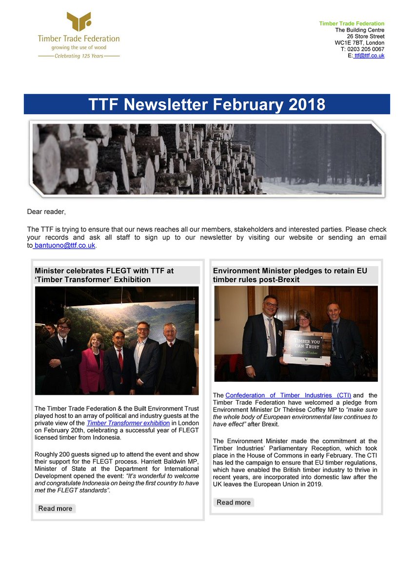 TimberDevUK's tweet photo. The February 2018 edition of the TTF Newsletter is now available at: https://t.co/RFaNd6rkrd | In this issue: - #TimberTransformer Exhibition - #WoodAwards18 launch reception - Environment Minister pledges to keep #EUTR - European #Oak Conference... and much more! #trustedtimber https://t.co/zYusGrKv9P