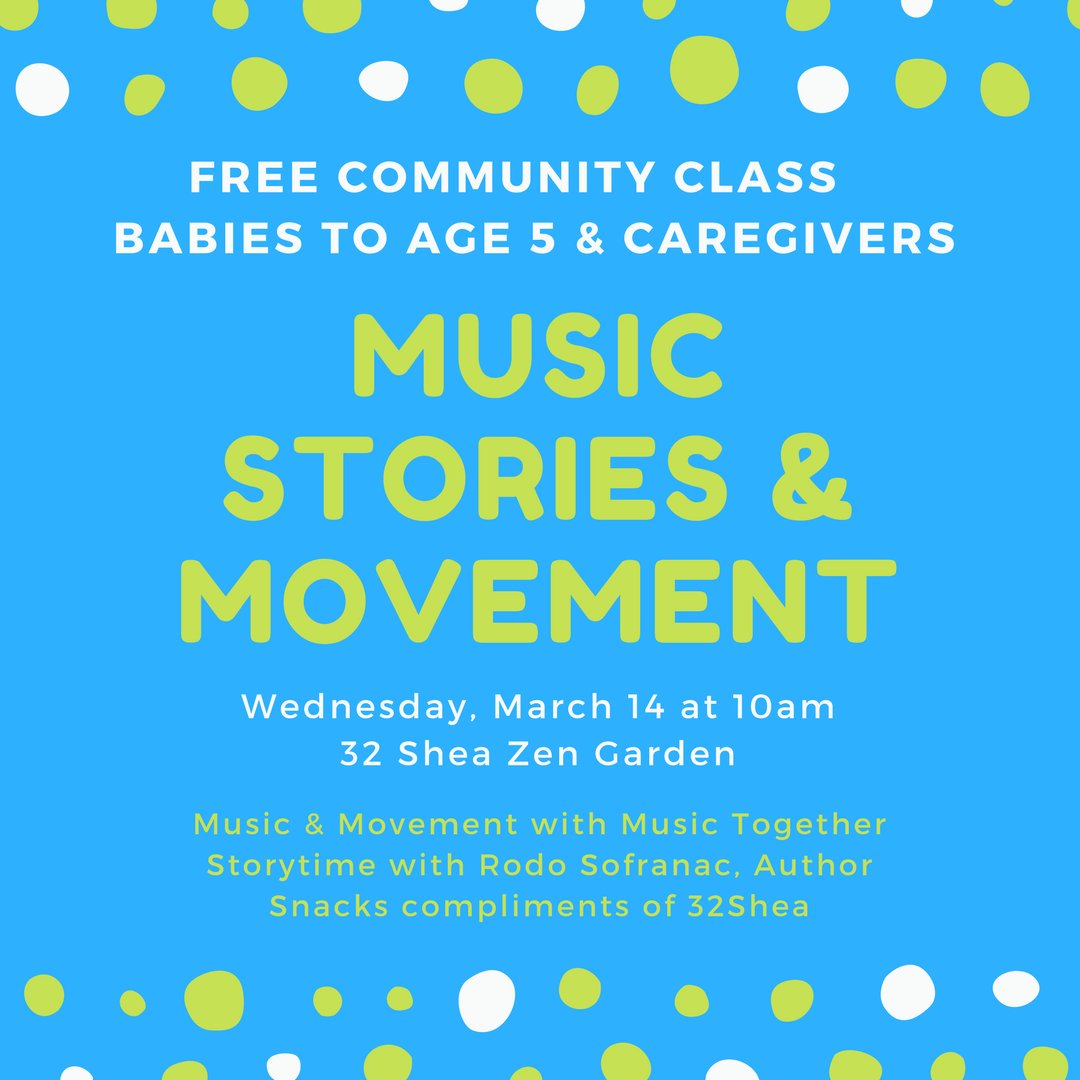 32shea's tweet image. Let's sing into spring with a free #communityclass! Babies to age 5 &amp;amp; their caregivers are invited to join us in the Zen Garden at 10am on Wednesday, 3/14 to welcome #spring with #music, #stories, movement &amp;amp; #snacks! 

#thingstodophx #musictogether #storytime #mommyandme #32shea