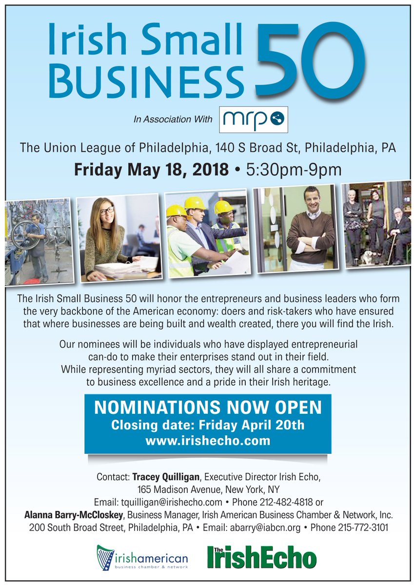 Nominations for Irish Small Business 50. #SmallBiz50 Don't miss the April 20th deadline <a href="/aislingevents/">Aisling Events</a>  @<a href="/IABCNPhila/">Irish Chamber Philadelphia</a> @MRP_Prelytix   goo.gl/Djtq37