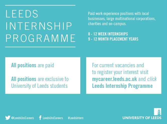 UoLStudents's tweet photo. Looking for placements, internships or other paid roles? The Leeds Internship Programme has them all, exclusively for University of Leeds students! Register your interest to receive weekly vacancy alerts and updates: https://t.co/zY4bmJ4jXV #LeedsIntern https://t.co/LkBlA9KzIg