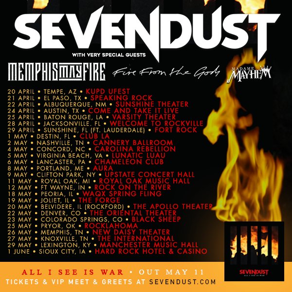 Sevendust's tweet image. New Album - New Tour - New War.

All I See Is War: New Album out May 11th world wide!

Sevendust.com