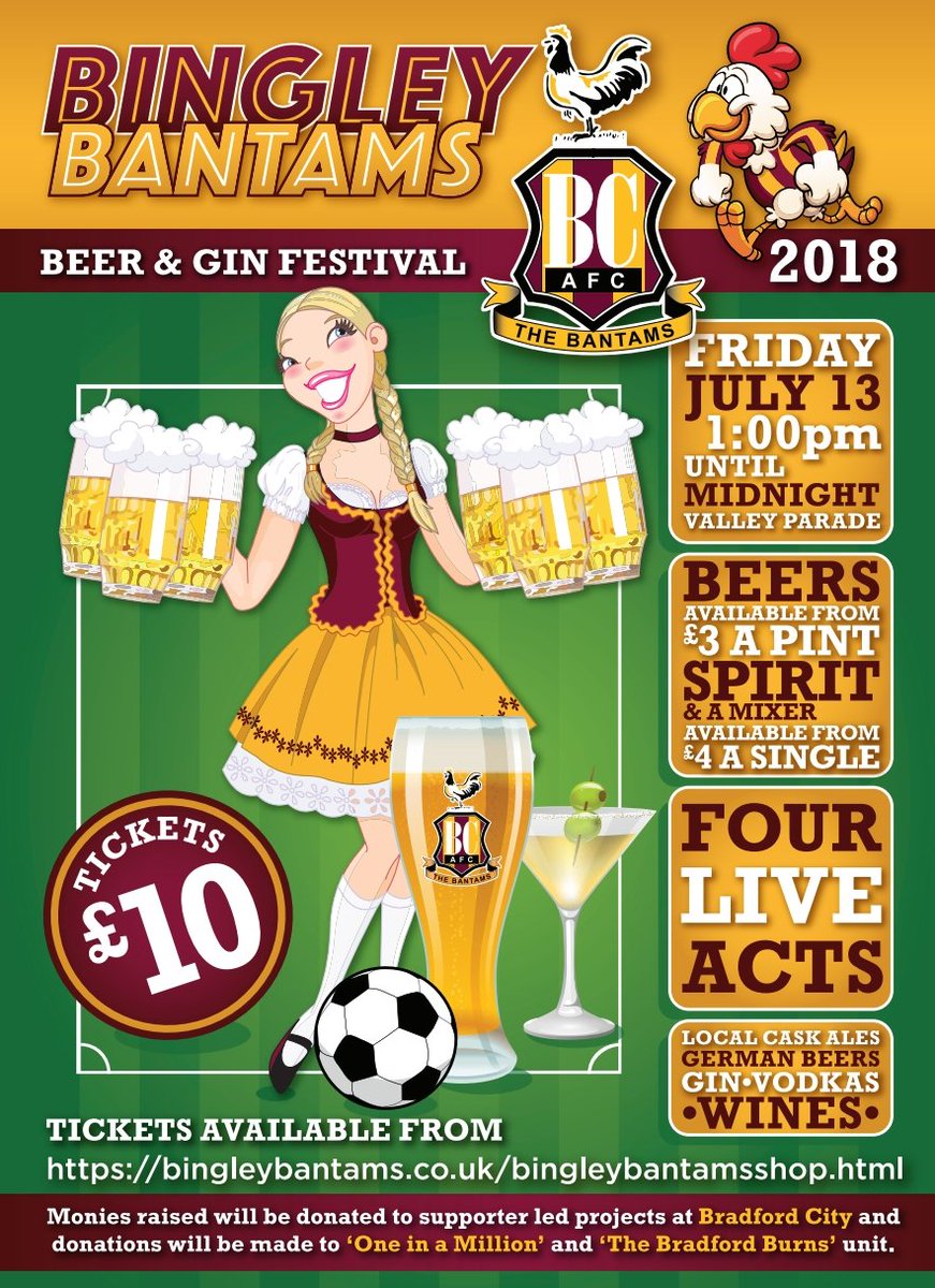 Bingley Bantams (@bingley_bantams) on Twitter photo Our upcoming beer & gin festival is really beginning to take shape. There's a great range of sponsorship opportunities available for your business and we would love for you to get involved.
đź“§ events@bingleybantams.co.uk for more info or a sponsor pack #heidi Our upcoming beer & gin festival is really beginning to take shape. There's a great range of sponsorship opportunities available for your business and we would love for you to get involved.
đź“§ events@bingleybantams.co.uk for more info or a sponsor pack #heidi