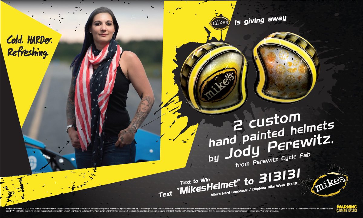 srperrott's tweet photo. TEXT to WIN! one of two custom hand painted helmets by Jody Perewitz from Mike's Hard Lemonade @mhl #bikeweek2018 #perewitz #daytonabikeweek Now until 3/18 @DaytonaBikeWeek https://t.co/9lWmpMbKSv