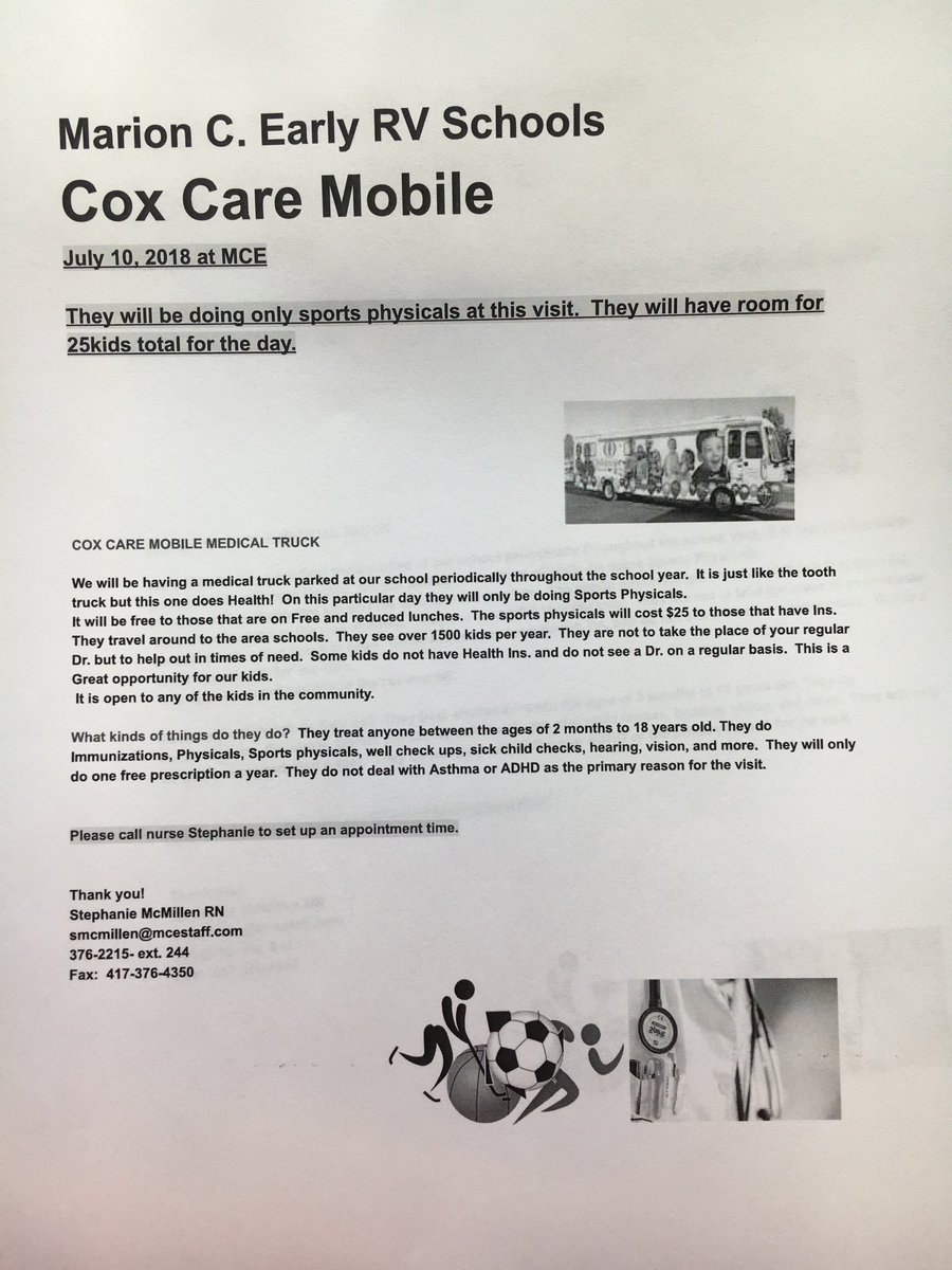 Steph_2023's tweet photo. Cox Health Bus is coming to our school in July.  They will be doing only sports physicals.#MCELoves#MCEPride https://t.co/1BxzgC5c3d