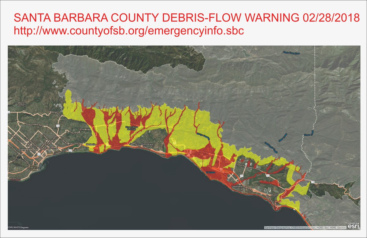 GeologicMaps's tweet photo. SBC DEBRIS FLOW WARNING 2/28:
https://t.co/BcA3CEtb3C
DEBRIS FLOW SAFETY: https://t.co/Ot3c2TiX4y
#ThomasFire #DebrisFlow #Ojai #readyVC #vcalert #readysbc #venturastrong #Montecitomudslide @OVN @VCFD @vcstar @VenturaOES @SBCountyOEM @LosPadresNF @spfiredept @NWSLosAngeles https://t.co/5diLGoItGE
