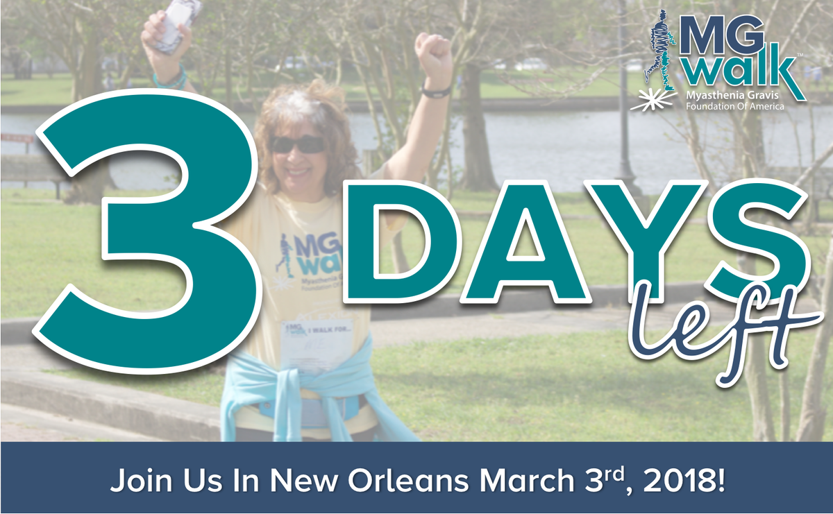 The 2018 New Orleans MG Walk is just 3 days away!! Have you registered up to walk? Sign up today at: ow.ly/6VCh30iG8LC 
#MGStrong #MGWalk #MG #MyastheniaGravis #NewOrleans #Louisiana #Fundraising #FindACure
