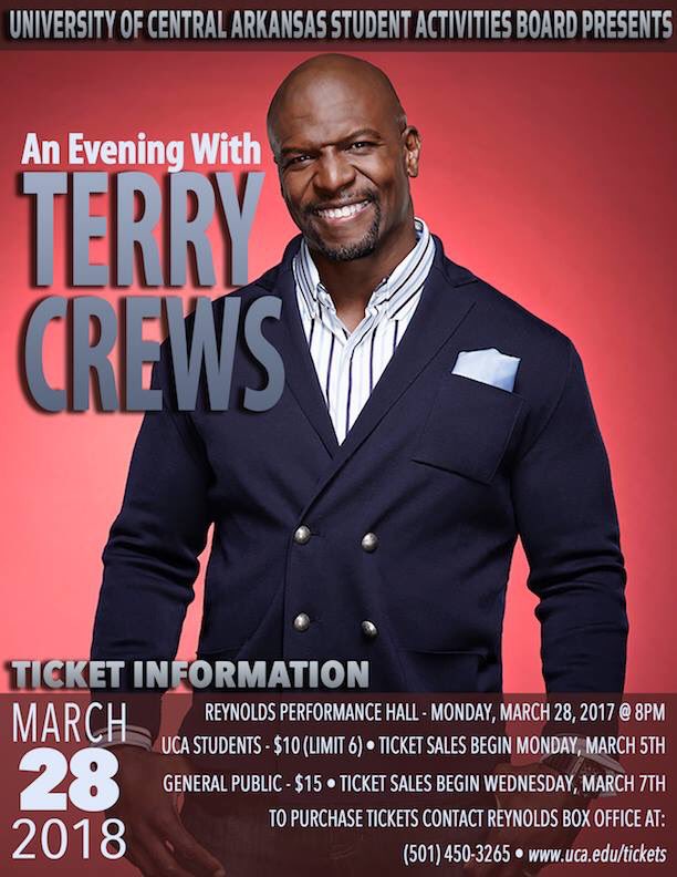 UCA_SAB's tweet photo. Set your alarms❗️Tickets for Terry Crews go on sale next week🎟 #whatthefun #funliveshereUCA https://t.co/qaVQIH6G8Q