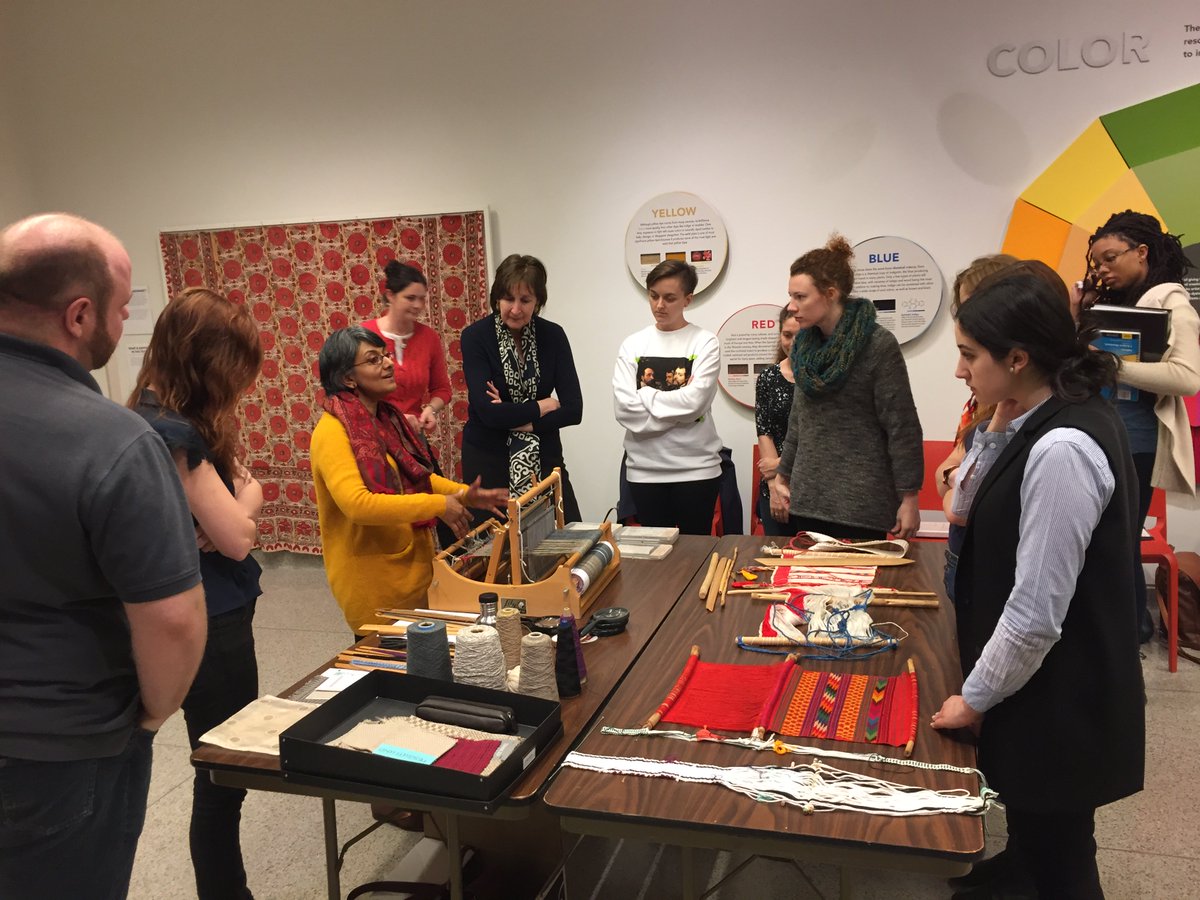 GWTextileMuseum's tweet photo. We love visits from @CorcoranGW students! Today a "Textile Analysis" class practiced weaving in #Textiles101 with Karthika Audinet #GWU https://t.co/Pn1Rpp2a9g