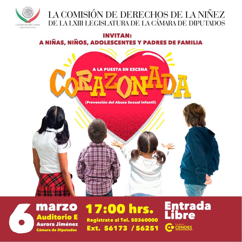 RafaHSoriano's tweet photo. ¡Niñas, niños y familia, vamos al teatro!
Si quieres asistir a la obra CORAZONADA, solo envía un md con tu nombre y el de tu(s) acompañante(s) o comunícate al 56281300 ext. 3737
La cita es este 6 de marzo a las 17:00 hrs en nuestra Cámara de Diputados.
¡No se la pierdan! https://t.co/HfmhWP3gwW