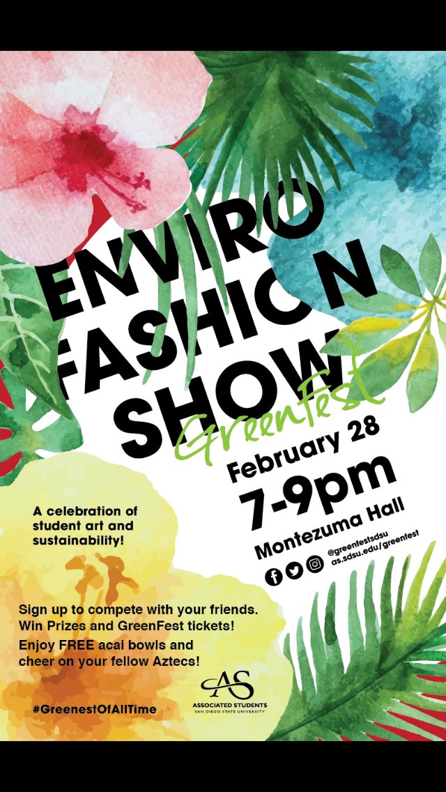 greenfestSDSU's tweet photo. Today student teams will be competing by showing off their environmentally friendly fashion designs. Come cheer on your favorite team or design! There will be local and environmentally friendly brands showcasing their clothing as well! https://t.co/BxoX7KgF17