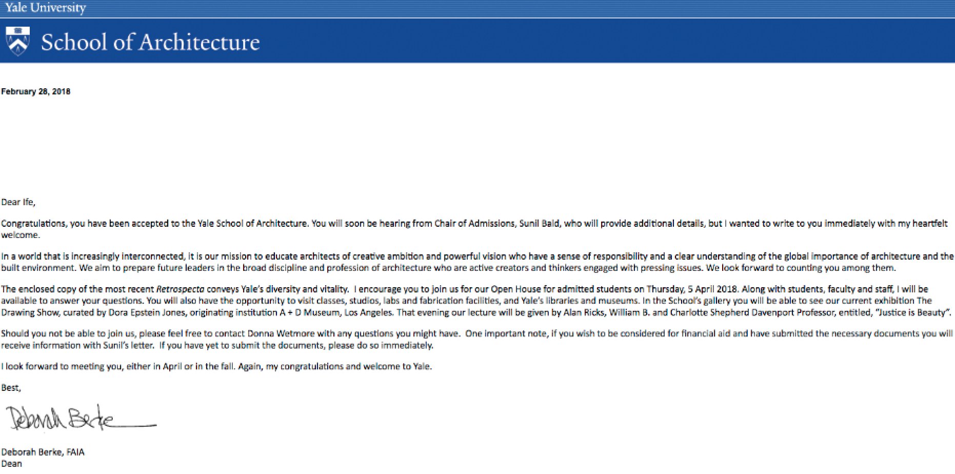 Yale Acceptance Letter