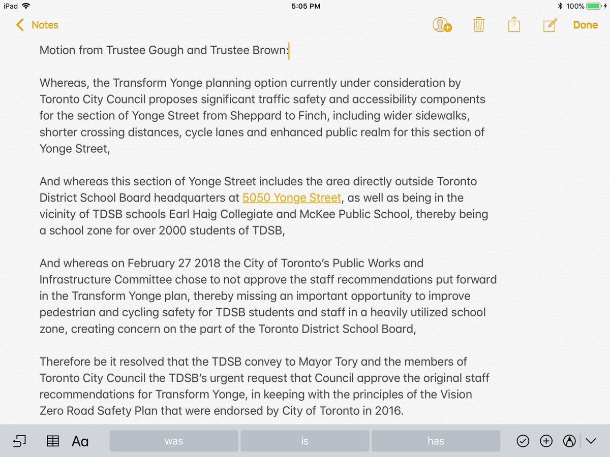 pamelagough's tweet image. Motion submitted today to #TDSB Planning and Priorities C’ttee, in support of #TransformYonge . We need safer roads and complete streets in keeping with #VisionZeroTO  @peterediaz @CycleToronto @walkToronto @FFSafeStreets
