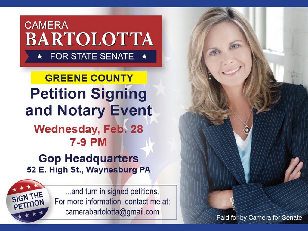 CameraForSenate's tweet photo. See you in Greene County this evening for petition signing and notarization! Thank you #TeamCamera https://t.co/pJfvhQdy9j