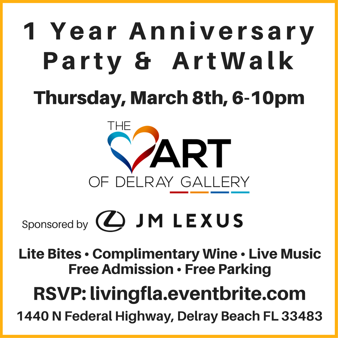 BuzzBrite's tweet photo. Invite! One Year #Anniversary #Party &amp; #ArtWalk - The #Heart of #Delray #Gallery, #DelrayBeach! Join Us Thursdy, March 8th!  Complimentary admission with RSVP! https://t.co/OxeIGZR1Br  
 @Heartofdelray  @JMLexusFL https://t.co/7kifs2BML1