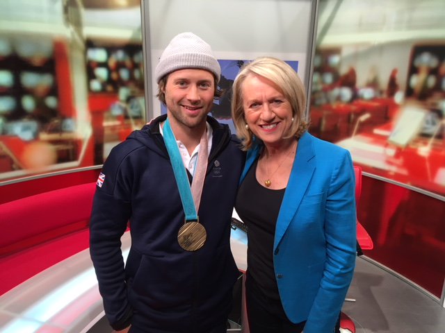 SallyTaylor_tv's tweet photo. I loved chatting to @billymorgan89 about snowboarding, learning a few gnarly words and admiring his bronze medal...join #billymorgan in studio @BBCSouthNews https://t.co/NxtPng9JEZ