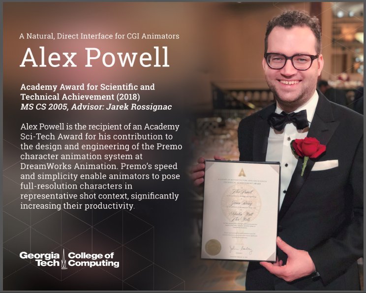 gvucenter's tweet photo. Alex Powell, MS CS 05, won @TheAcademy Award for development of industry-changing animation software. Patrick Stewart hosted the event, Powell barely skipped a beat when the teleprompter failed, and he remembered to thank his wife Bridgette, CS 10. https://t.co/LxsdCoPo6D https://t.co/nQTWCA2JlZ