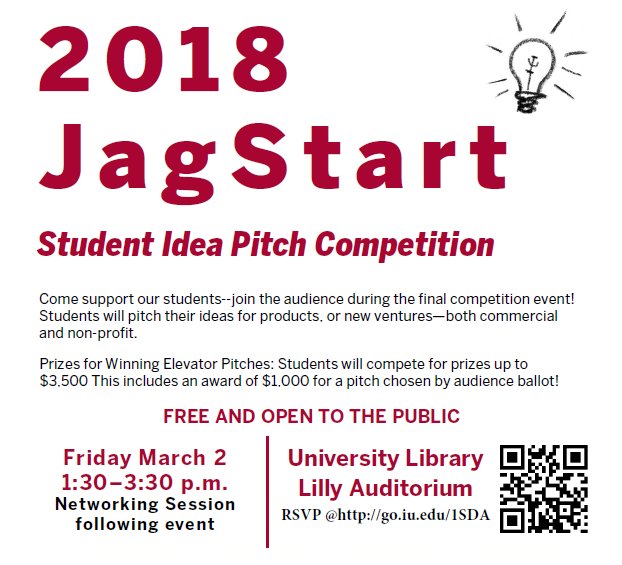 KelleyIndy's tweet photo. We have #Kelley finalists pitching their startup ideas in the #JagStart student idea pitch competition this Friday! Join us at the Lilly Auditorium at 1:30 p.m. to hear idea pitches & vote for a winner. Be sure to RSVP: https://t.co/CKOmeKjtLj https://t.co/sPcsosxpAC