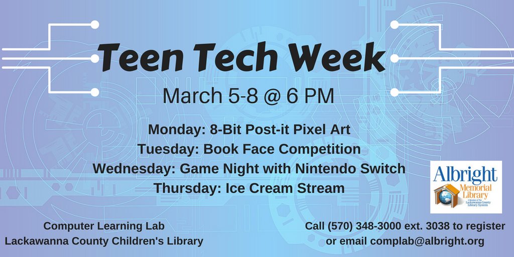 ScrantonLibrary's tweet photo. Celebrate #TeenTechWeek with the Scranton Public Library! Open to teens ages 12-18. #STEM #teens #YoungAdults #STEMLibraries https://t.co/6ZASu90ES6
