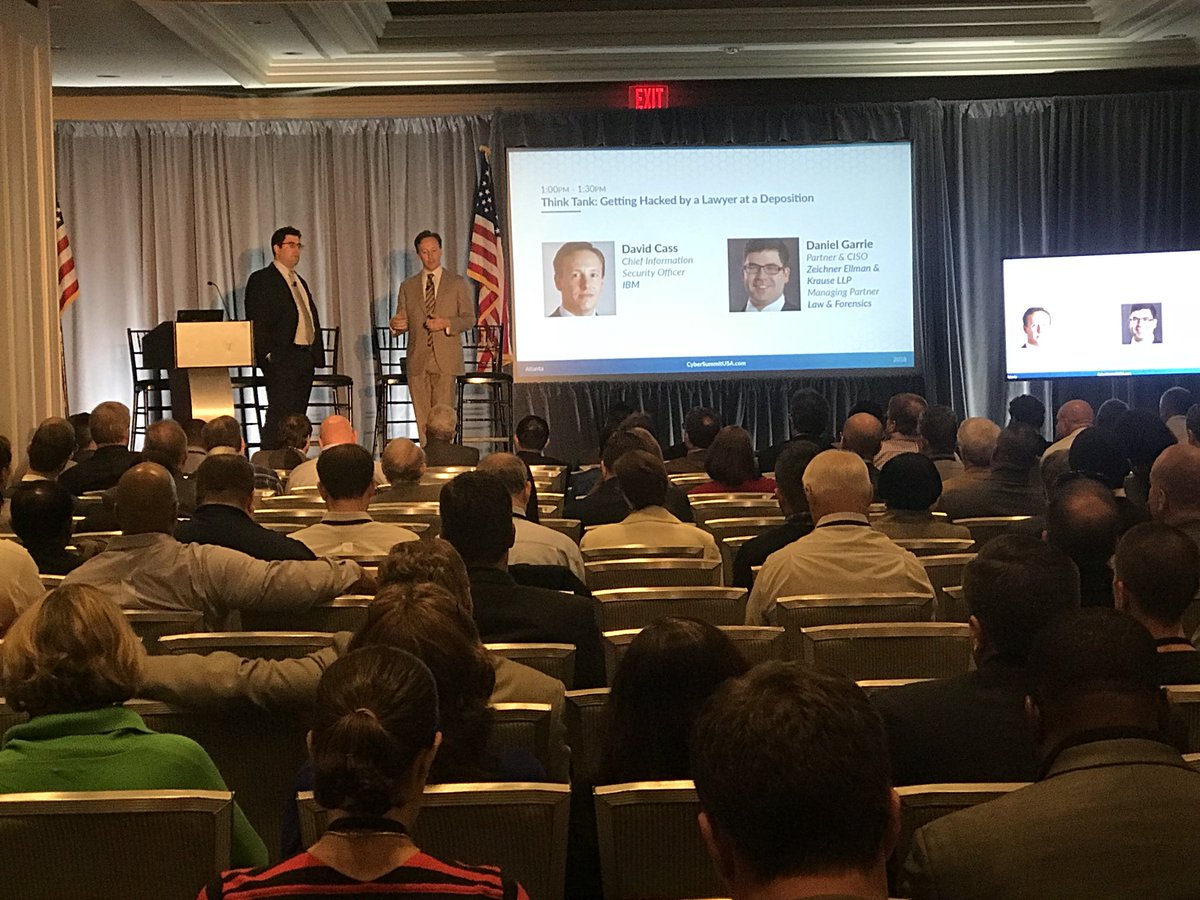 Saenz_says's tweet photo. Love this session! #ThinkTank with David Cass (@dcass001) &amp; @DanielGarrie: Getting #Hacked by a Lawyer at a deposition @CyberSummitUSA #CSSAtlanta #InfoSec #IT @IBMSecurity @IBM #CISO #Security #Atlanta https://t.co/Pxe5RExh5M