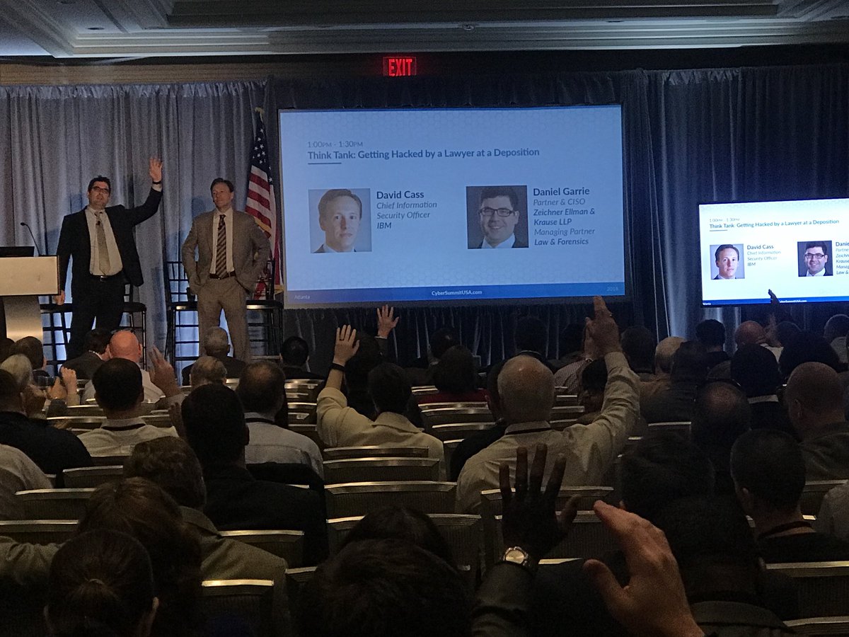 Saenz_says's tweet photo. Love this session! #ThinkTank with David Cass (@dcass001) &amp; @DanielGarrie: Getting #Hacked by a Lawyer at a deposition @CyberSummitUSA #CSSAtlanta #InfoSec #IT @IBMSecurity @IBM #CISO #Security #Atlanta https://t.co/Pxe5RExh5M
