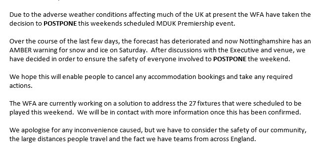 The_WFA's tweet photo. PREMIERSHIP UPDATE: Due to the continued adverse weather across England, we have taken the decision to POSTPONE this weekends @MDUK_News Premiership event! Here is the full statement... #PowerchairFootball https://t.co/OCDisjZ3H8