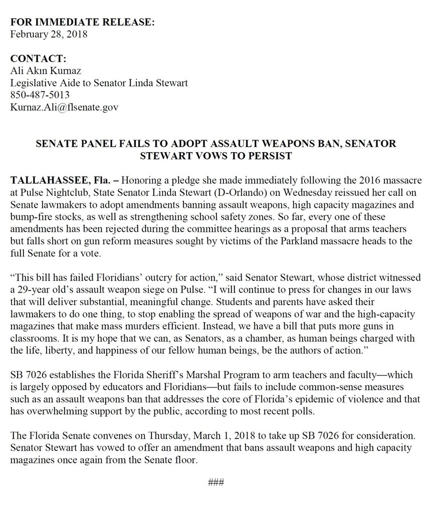 LindaStewartFL's tweet photo. FOR IMMEDIATE RELEASE:
February 28, 2018

SENATE PANEL FAILS TO ADOPT ASSAULT WEAPONS BAN, SENATOR STEWART VOWS TO PERSIST

#flsenate #2018Session #SB7026 #NeverAgain #Sayfie https://t.co/NgYvZPFjXs