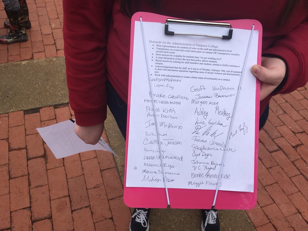 RPaulson96's tweet photo. At least four petition sheets with students’ signatures have already been filled. The sheets contain a list of demands students have for the #SimpsonCollege administration. #SCProtest https://t.co/ZVGJvvAWnp