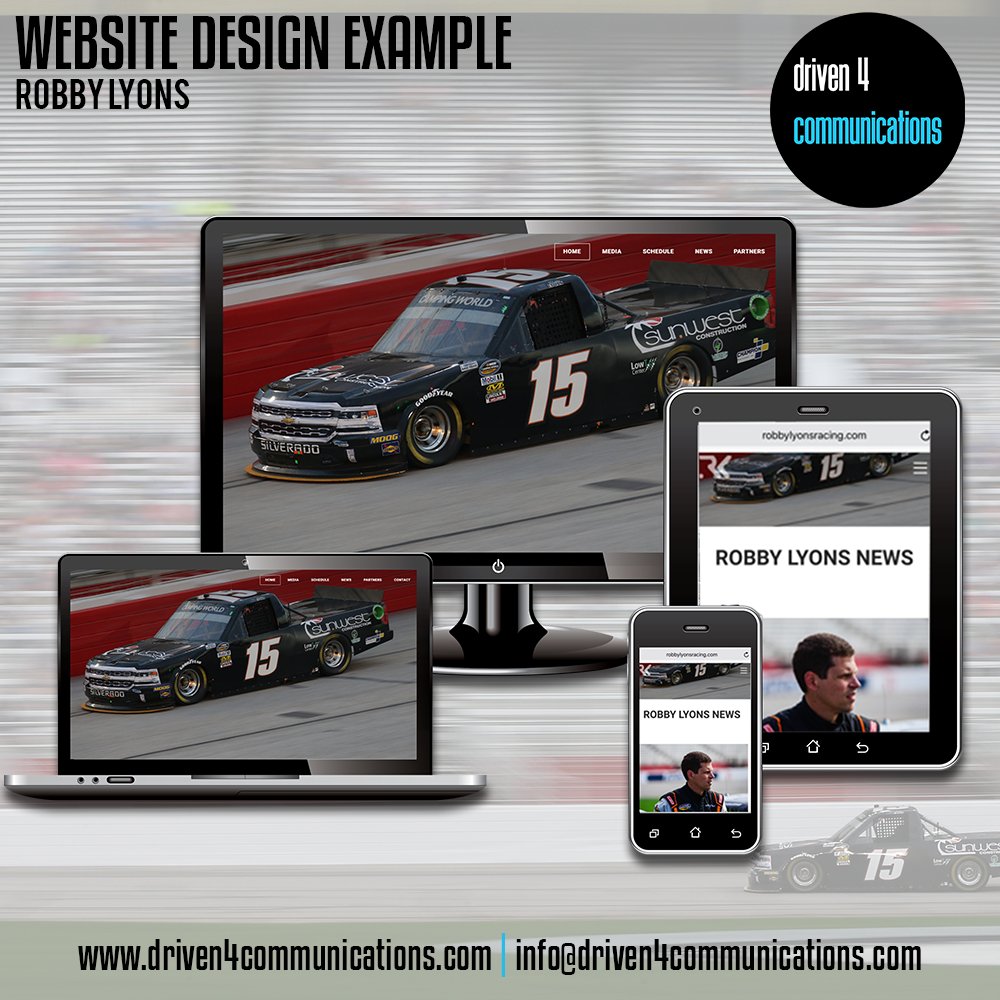driven4comm's tweet image. Check out the revamped website we did up for @RLRacing2 for this 2018 racing season in the NASCAR Camping World Truck Series! 
robbylyonsracing.com 

Send us a message if you are looking for your own 2018 website!