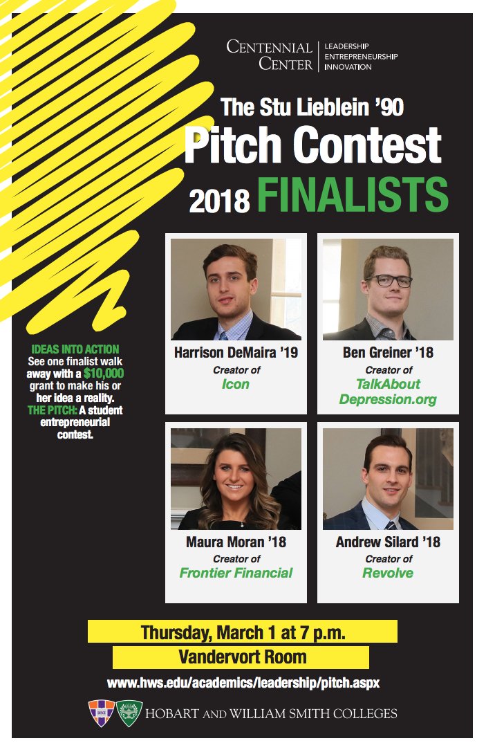 HWSColleges's tweet photo. Tomorrow, join Harrison DeMaira '19, Benjamin Greiner ’18, Maura Moran ’18 &amp; Andrew Silard '18 as they compete for a $10,000 grant during the 2018 Stu Lieblein '90 Pitch Contest! @HWSCCL #hwscolleges

Learn more about the finalists and their startup ideas: https://t.co/vMviOjVXkH https://t.co/PLOahBWvbr