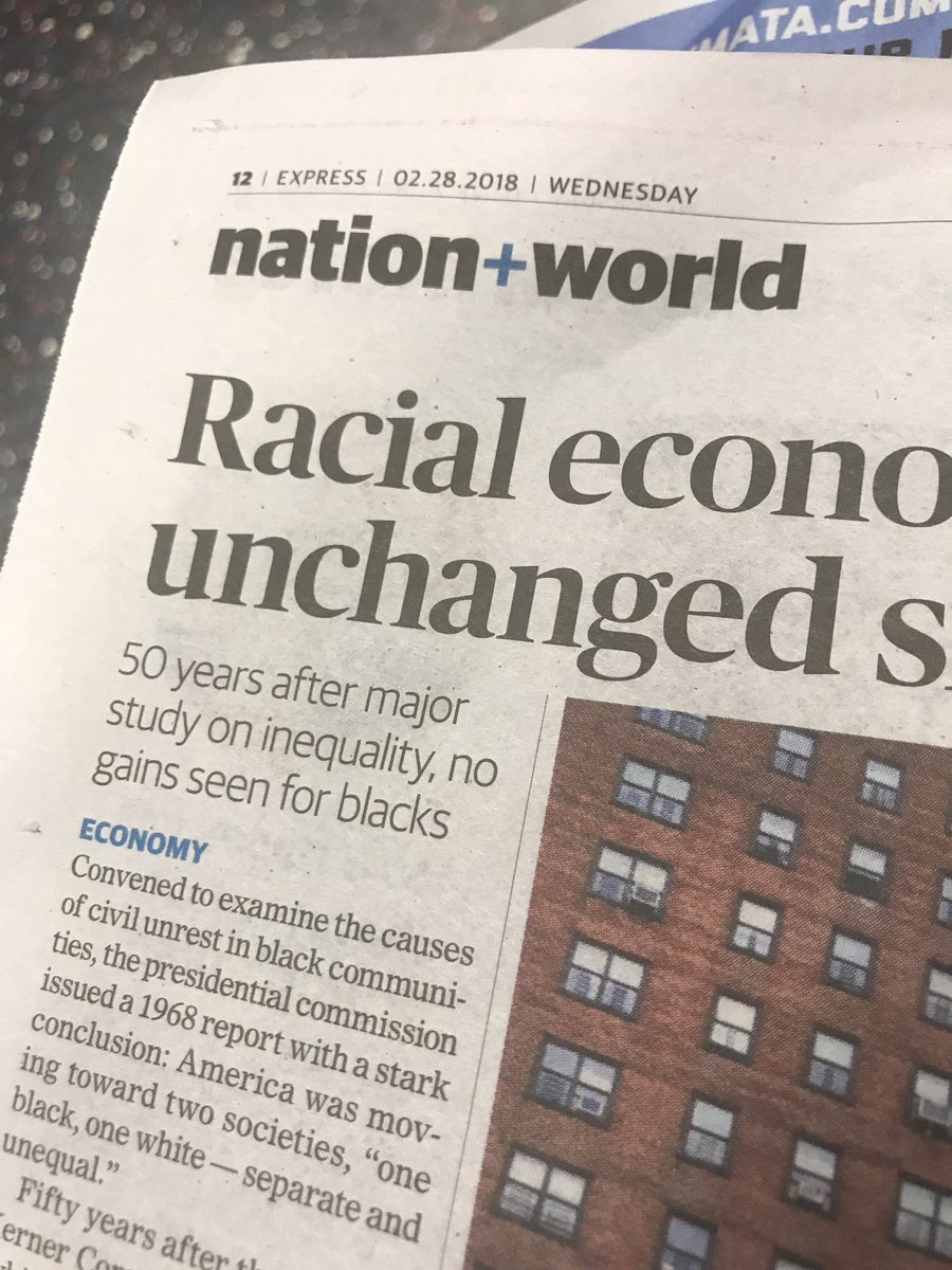 Picture of newspaper clipping highlighting the reports of the Kerner Commission showing that the racial economic gap has remained UNCHANGED in 50 years