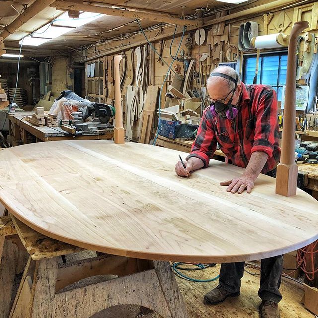 WindsorChair's tweet photo. Lincoln from our crew building a very large oval table in Black Cherry for a customer in South Carolina. . .  #handcrafted #familytable #windsorchair #furnituredesign #cherrywood #shotoniphone #lincolnville #maine https://t.co/HGfwFIGZ1c
