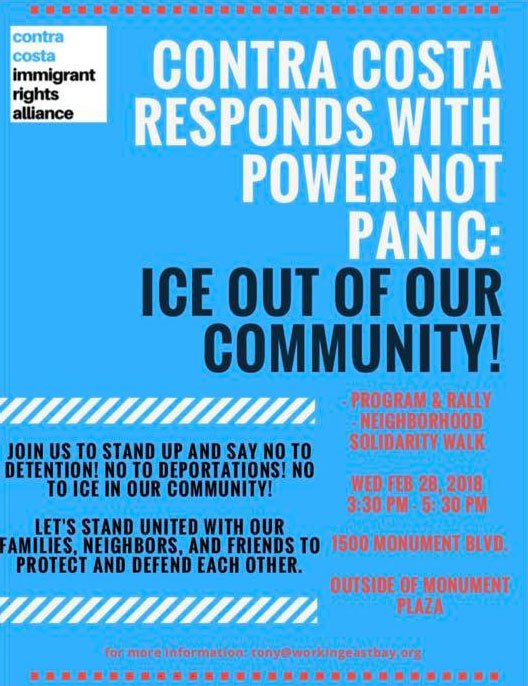 🚨 More than 150 people have been arrested by ICE in Northern CA since Sunday.
ICE Out of CoCo: Contra Costa Responds with Power not Panic! 
Solidarity Rally today, 3:30pm, at 1500 Monument Blvd in Concord. #ICEOutofCoCo #FueraICE