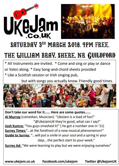 TheWilliamBray's tweet photo. Join us this Saturday 3rd March 9pm for UkeJam at The William Bray, Shere. Come and sing, dance and listen along! Join us before for dinner and a drink........ https://t.co/YEEVDEyl4f