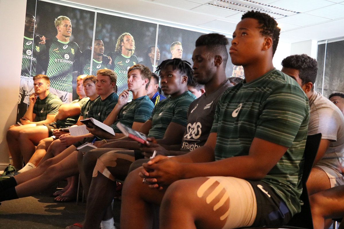 Springboks's tweet photo. Great day for our #SARugbyAcademy recruits at @sas_training_za with HP manager Rassie Erasmus and @JuniorBoks coach Chean Roux 'chatting ball' with 2018 intake. So many lessons learned! #progress #learningfromthebest https://t.co/dybKvqaLn0
