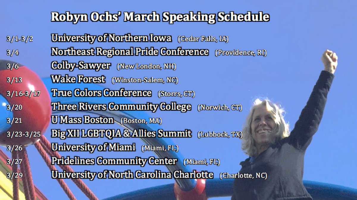 robynochs's tweet photo. I'm kicking off my March schedule first thing tomorrow morning with a flight out of Boston! Come see where I'll be traveling over the next month. #campusSpeaker #lgbtSpeaker #bi #bisexual #pride #TrueColors #BigXIILGBTQIA #NortheastRegionalPrideCon https://t.co/kKbyYMSZPR